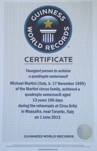 Ecco il certificato che attesta il record mondiale conquistato da Maicol Martini a 13 anni: il quadruplo salto mortale
